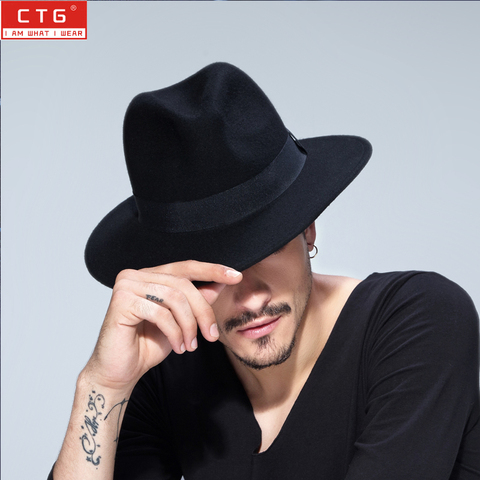 Homme laine feutre britannique Panama Jazz chapeau 100% laine fedora feutre chapeau noir Panama chapeau large bord classique trilby chapeau b-1509 ► Photo 1/5