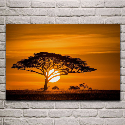 Affiche en bois et tissu avec coucher de soleil, arbres, nature, savane africaine, décor artistique moderne, pour salon, maison, KC418 ► Photo 1/6