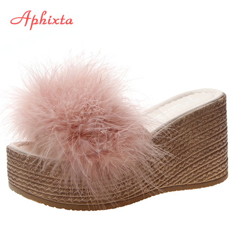 Aphixta – chaussures en fausse fourrure pour femmes, sandales de plage à plateforme compensée, 9cm ► Photo 1/6