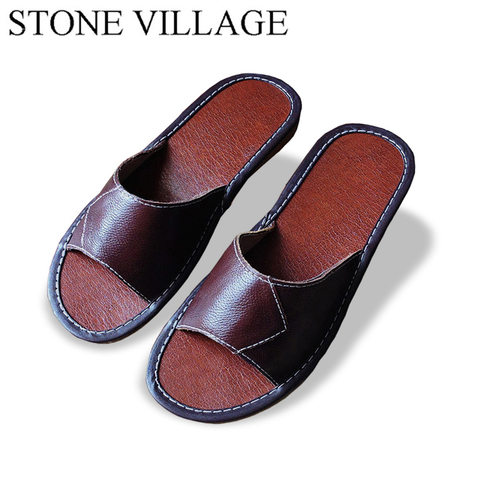 STONE VILLAGE en cuir véritable pantoufles unisexe femmes hommes pantoufles vache Muscle anti-dérapant plancher maison pantoufles femmes hommes chaussures ► Photo 1/6