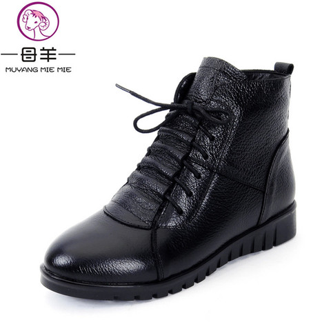 MUYANG-bottines en cuir véritable pour femmes, bottes de neige plates de grande taille (35-43), collection à lacets ► Photo 1/6