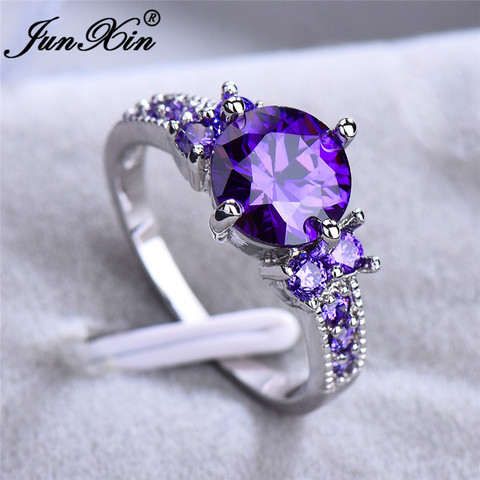 JUNXIN multicolore pierre arc-en-ciel feu pierre de naissance anneaux pour femmes or blanc rempli violet bleu Zircon mince bague de mariage ► Photo 1/6