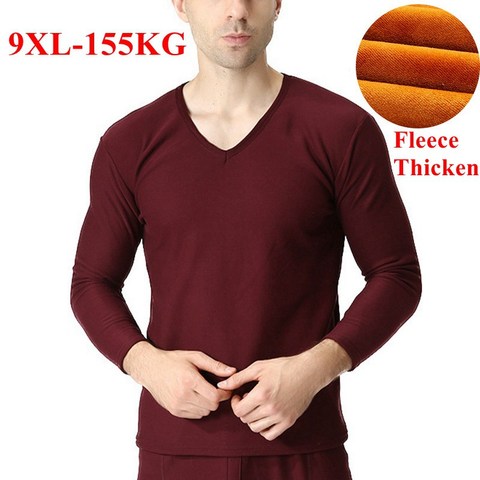 Sous-vêtements thermiques en coton épais pour hommes, col en V, manches longues, grande taille 9XL, bleu marine, vin rouge, sous-vêtements doux pour hiver ► Photo 1/6