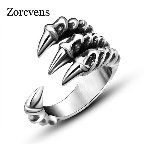 ZORCVENS nouveau Punk Rock acier inoxydable hommes Biker anneaux Vintage gothique bijoux argent-couleur Dragon griffe anneau hommes ► Photo 1/5