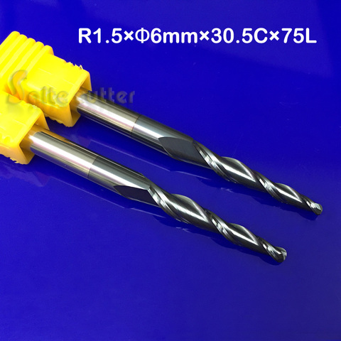 Fraise à cône en carbure de tungstène massif, fraise à cône, fraise à cône, 30.5, fraise à bois, 2 pièces, R1.5 * D6 * cnc * 75l * 2F HRC55 ► Photo 1/1
