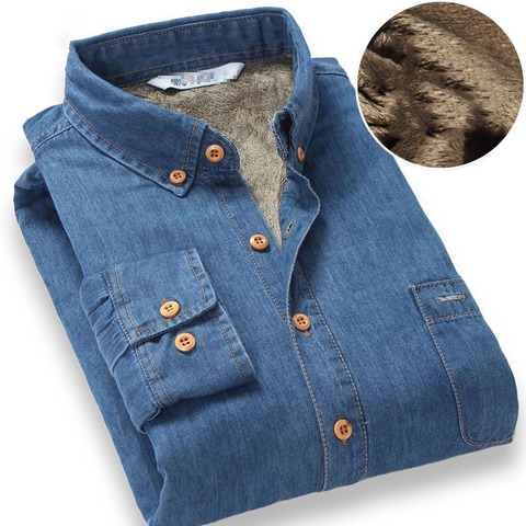 Top qualité marque de mode hiver jean chemise hommes chaud polaire doublé velours Denim chemises 4XL homme chemise de fond ► Photo 1/6