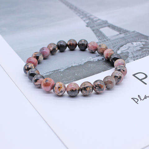 Bracelet à rayures noires naturelles, Rhodochrosite, pour femmes, breloque, amour, extensible, perles rondes, bijoux cadeau ► Photo 1/6