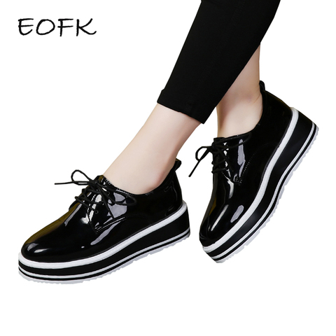 EOFK Automne Femmes Plate-Forme Chaussures En Cuir Verni Noir Décontracté Appartements Dame Derby Classique Vernis Oxfords Chaussures Femme ► Photo 1/6