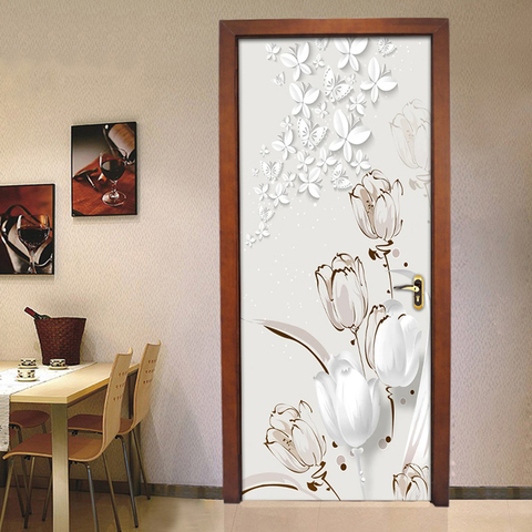 PVC auto-adhésif étanche porte autocollant fleurs blanches papillon mur Mural papier peint 3D salon chambre décor à la maison autocollant ► Photo 1/5