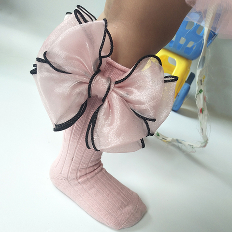 Chaussettes hautes pour bébés filles, avec nœuds, en coton, longues pour enfants, chaussettes de couleur bonbon ► Photo 1/6