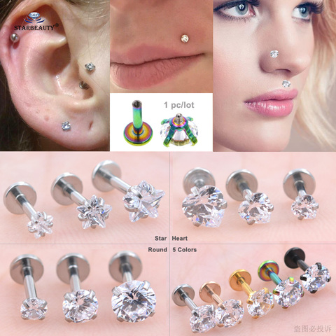 Anneau de nez, étoile claire, gemme ronde, Piercing naris, Labret, boucle d'oreille à lèvres, hélice, Piercing de nez, Tragus, 1 pièce 16G ► Photo 1/6