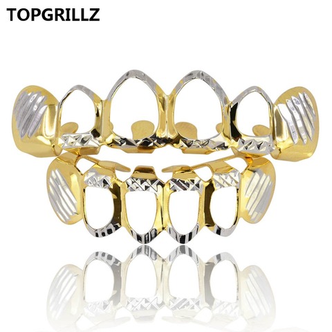 TOPGRILLZ-jeu de Grillz d-cut, jeu de grilles à dents pur or, dessus plaqué et bas, 4 grilles Hip Hop ouvertes, ensemble de grilles à dents creuses ► Photo 1/6