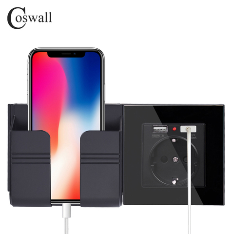 COSWALL – double Port USB de charge 16A, prise murale ue russie, panneau en verre, panneau PC, couleur noire ► Photo 1/6