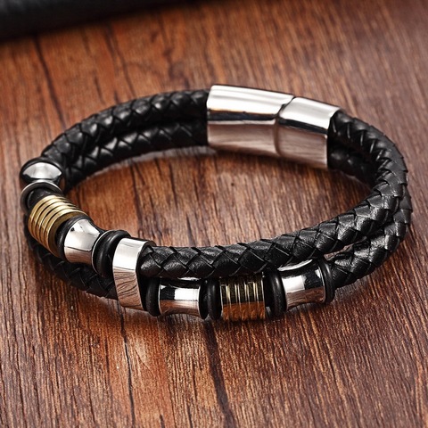 XQNI – Bracelet Double couche en cuir véritable pour hommes, bijoux spéciaux de couleur or/argent, cadeau de fête des pères, grosse remise, 19/21/23CM ► Photo 1/6