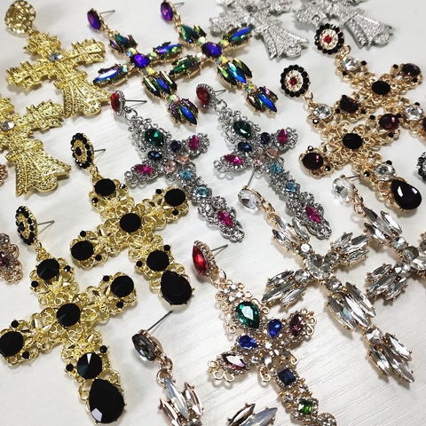 JURAN-boucles d'oreilles Vintage pour femmes, cristal, or, croix en métal doux, avec des gemmes, accessoires, Brincos ► Photo 1/6