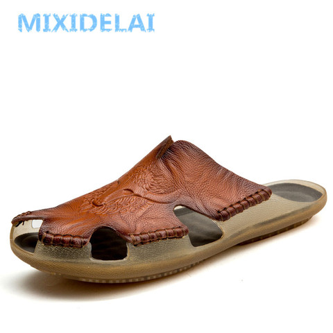 MIXIDELAI nouvelle qualité en cuir antidérapant pantoufles hommes plage sandales confortable chaussures d'été hommes pantoufles classiques hommes tongs ► Photo 1/6