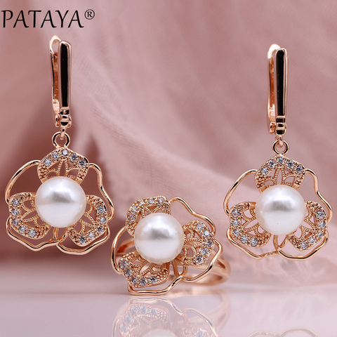 PATAYA – ensemble de boucles d'oreilles en perles de coquillage blanc, or Rose, bijoux à la mode pour femmes, Zircon naturel creux irrégulier Noble, 585 ► Photo 1/6