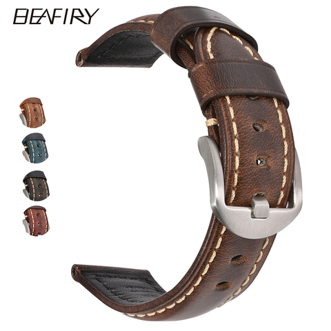 BEAFIRY – bracelet de montre en cuir véritable, à la mode, en cire d'huile, marron, bleu, noir, 19mm, 20mm, 21mm, 22mm, 23mm, 24mm ► Photo 1/6