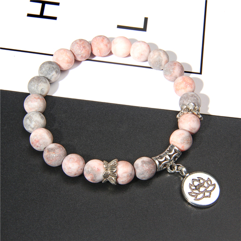 Bracelet en perles de bouddha fait main en pierre naturelle Lotus Ohm Bracelet à breloques en pierre de zèbre rose pour femmes hommes bijoux de Yoga cadeaux ► Photo 1/6