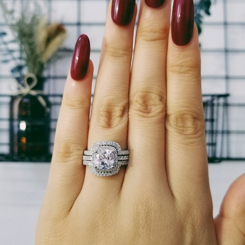 2022 nouveau design de luxe 3 pièces 3 en 1 925 bague en argent sterling coussin de fiançailles bague de mariage ensemble pour les femmes bijoux de mariée R4308 ► Photo 1/6