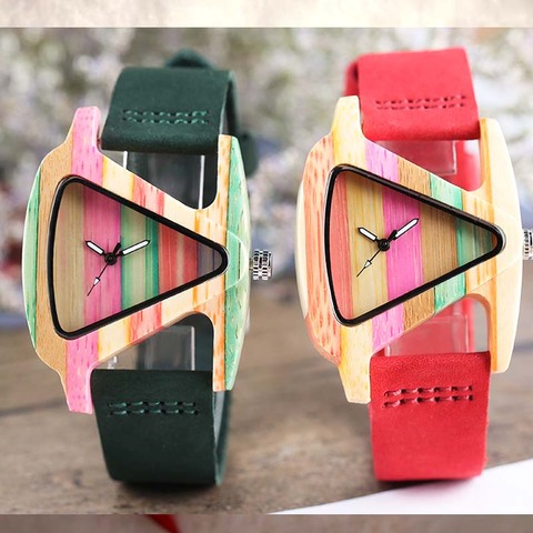 Montre en bois colorée Unique et créative pour femmes, cadran en forme de Triangle, horloge à Quartz avec Bracelet en cuir ► Photo 1/6