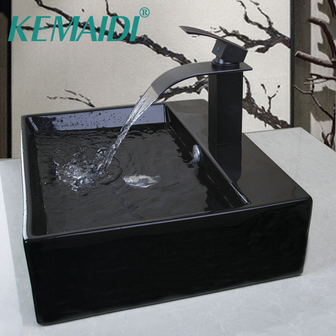 KEMAIDI shampooing rectangulaire pour salle de bain | Noir ORB bol de comptoir en céramique lavabo bateau d'évier avec ensembles de robinets de vidange Pop-Up ► Photo 1/1