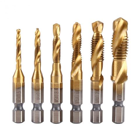 6 pcs/lot Filetage Métrique M3-M10 Taraudage Bits Titane Revêtu HSS Percer et Tarauder Bits 1/4 