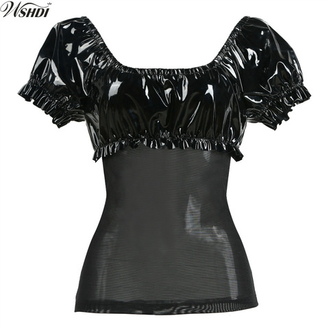 S-XXL Nouveau Noir PVC Latex Sexy Gothique Punk T-shirt Exotiques Simili Cuir Gaze Patchwork Tops PVC Maille Supérieure de Fête de Club costume ► Photo 1/1