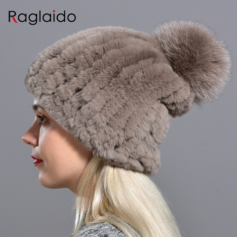 Raglaido tricoté pompon chapeaux pour femmes bonnets solide élastique Rex lapin fourrure casquettes hiver chapeau crânes accessoires de mode LQ11219 ► Photo 1/6