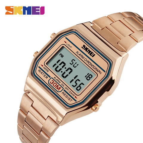 SKMEI-montre de Sport pour hommes, bracelet en acier inoxydable, affichage, 3 bars, montre numérique étanche, décontracté, LED ► Photo 1/6