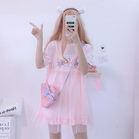 Robe d'été lapin japonais Lolita, robe t-shirt, manches courtes Anime rose et blanc, vêtements féminins, collection 2022 ► Photo 1/6