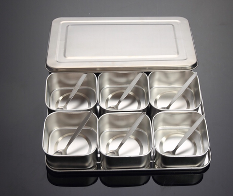 Ensemble de boîte d'assaisonnement en acier inoxydable japonais pot d'assaisonnement créatif 6 grille 8 grille en option avec couvercle cuisine boîte à épices santé Q221 ► Photo 1/4