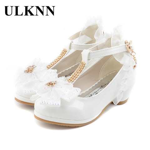 ULKNN enfants fête en cuir chaussures filles PU talon bas dentelle fleur enfants chaussures pour filles chaussures simples robe de danse chaussure blanc rose ► Photo 1/6