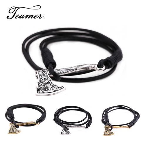 Teamer – Bracelets en cuir véritable pour hommes, breloque en forme de hache, style nordique, Viking, soleil, esclave, Punk, amulette, bijoux, cadeaux ► Photo 1/6