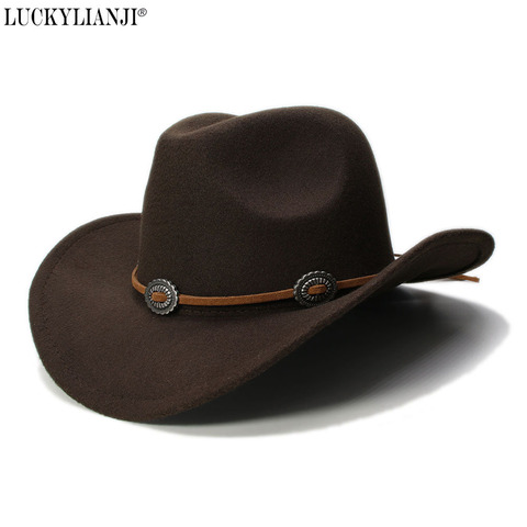 Chapeau de Cowboy à large bord en feutre de laine pour enfants, style rétro Vintage, bande tressée Turquoise (54cm) ► Photo 1/6