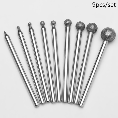 9 pièces/ensemble diamant meulage aiguille tête Cutter Jade sculpter outils graver rotatif sphérique fraise outil 3mm tige ronde boule ► Photo 1/6