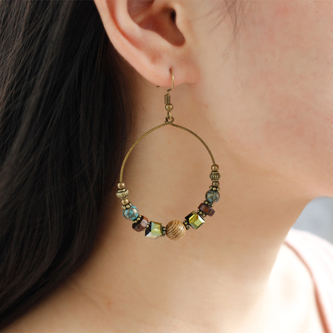 Boucles d'oreilles pendantes en pierre, perles colorées, Style ethnique, tendance, cerceau en métal, cercle ethnique exagéré ► Photo 1/6