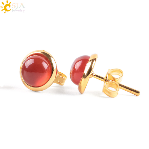 CSJA-boucles d'oreilles rondes pour femme, mignonnes, couleur or, Piercing d'oreille, pierre gemme naturelle, Onyx, cristal, E596 ► Photo 1/6