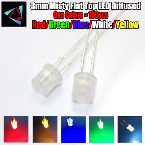 100 pièces 3mm 2 broches brumeux plat haut LED diffusé blanc rouge jaune bleu vert grand Angle diode électroluminescente lampe ► Photo 1/1