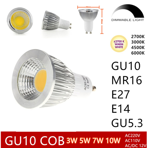 10 pièces/lot LED Spot lampe ampoule GU10 Cob E27 E14 Dimmable 2700K blanc chaud 3W 5W 7W 10W Rreplace halogène ► Photo 1/6