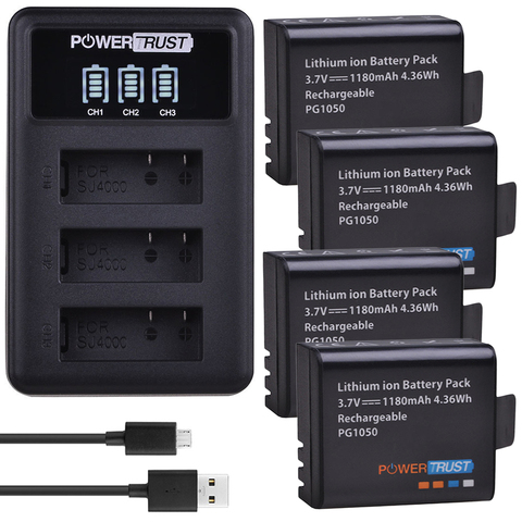Lot de 4 batteries LED PG1050 1180mAh, chargeur USB à 3 fentes pour SJCAM SJ4000 M10 SJ5000 SJ5000X EKEN H9 H9R H8R H8 GIT PG900 ► Photo 1/6