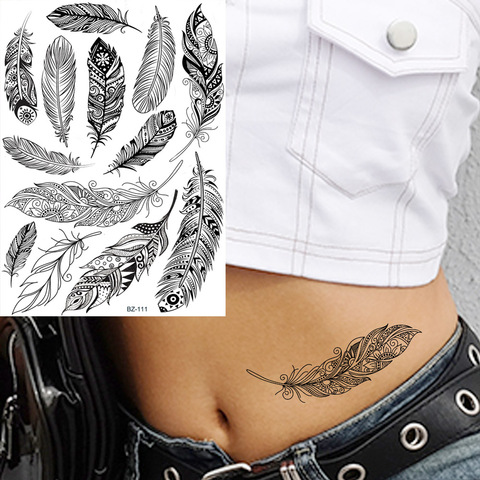 Noir inde Tribal plume dentelle henné tatouages temporaires pour les femmes corps bras Tatoos autocollants faux filles personnalisé Tatoos Mehndi ► Photo 1/6