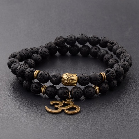 Bracelet rétro en perles de bouddha et pierres naturelles, pour homme, breloque, en noir, chakra, AB226 ► Photo 1/6