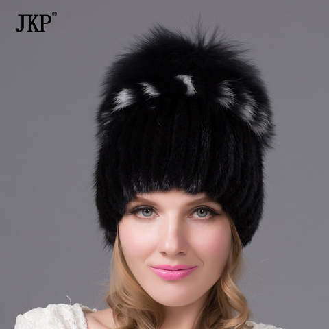 JKP-chapeau en fourrure pour femmes | Chapeau tricoté en fourrure de vison pour femmes avec pompon en fourrure de renard, bonnet avec doublure pour femmes, chapeaux d'hiver pour filles ► Photo 1/6