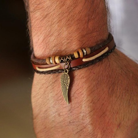 Bracelets en cuir Punk pour hommes et femmes, bijoux, breloque à ailes ► Photo 1/6