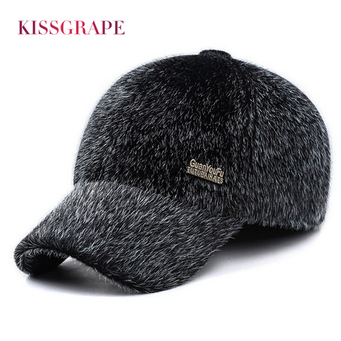 Casquette de Baseball en fausse fourrure Faux vison | Pour hommes, casquette épaisse et thermique pour papa, casquettes Drake avec oreilles, capuchon thermique ► Photo 1/6