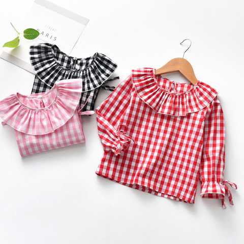 2022 printemps bébé filles à manches longues Blouse enfants Plaid volants col petit haut enfants Flare manches pull filles vêtements ► Photo 1/6