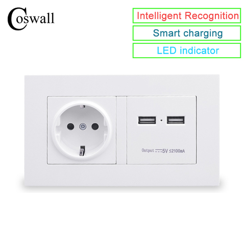 COSWALL 146 Type prise murale 16A prise de courant Standard ue avec double Port de chargeur intelligent USB pour panneau de sortie Mobile 5V 2100mA ► Photo 1/6