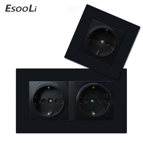 EsooLi-prise électrique murale ue, pour maison intelligente, Double 16a, 250V, prises électriques Standard ue, panneau en plastique noir ► Photo 1/6