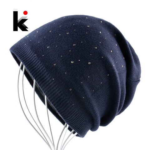 Bonnet tricoté avec des perles de strass pour femme, casquette de couleur unie, automne-hiver ► Photo 1/6